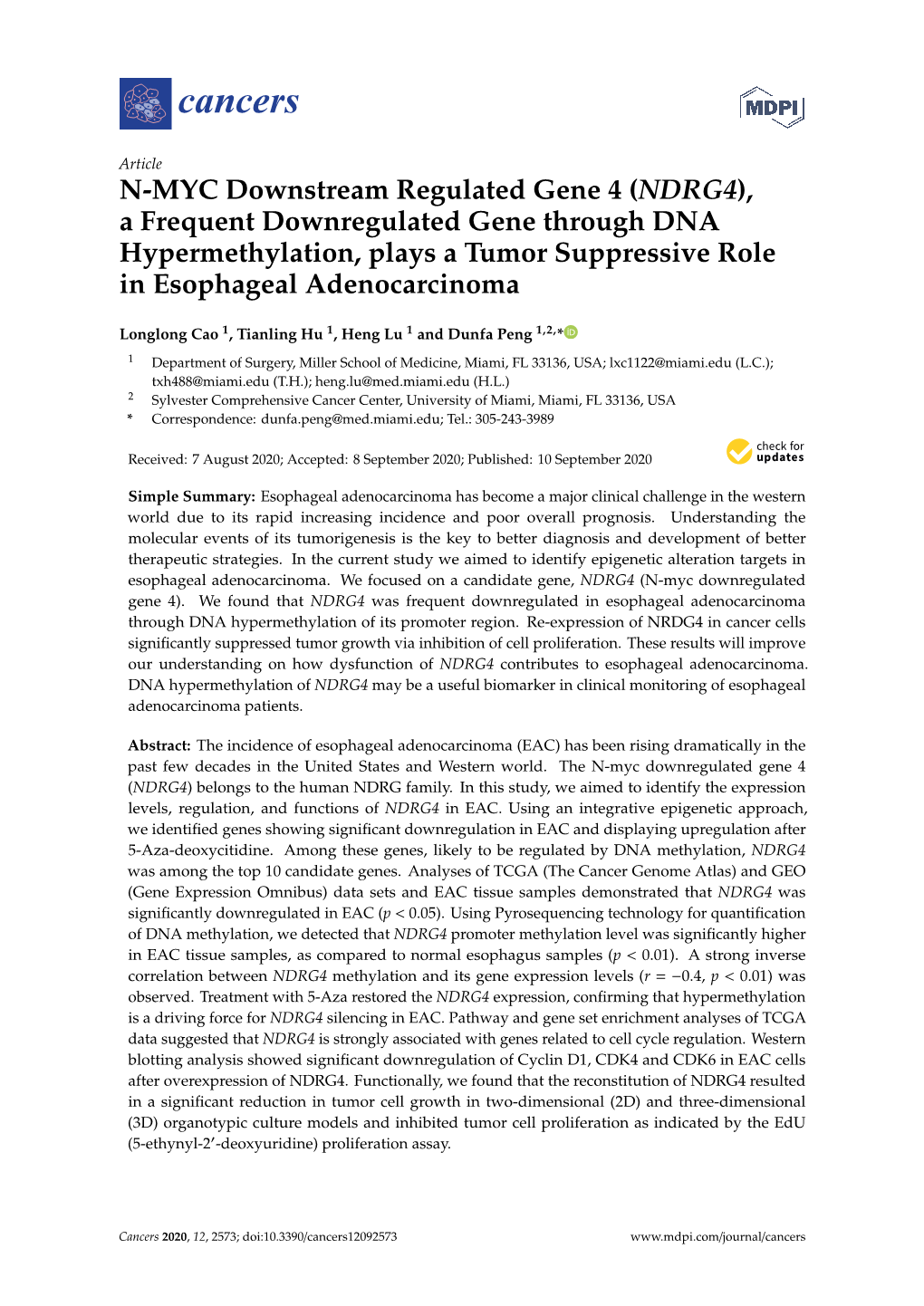 N-MYC Downstream Regulated Gene 4 (NDRG4), a Frequent Downregulated Gene Through DNA Hypermethylation, Plays a Tumor Suppressive Role in Esophageal Adenocarcinoma