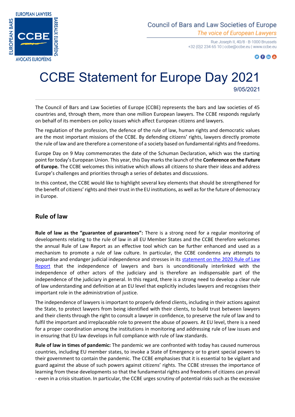 CCBE Statement for Europe Day 2021 9/05/2021
