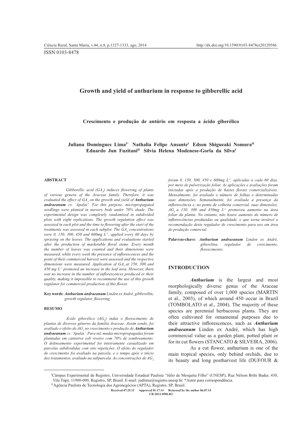 Growth and Yield of Anthurium in Response to Gibberellic Acid