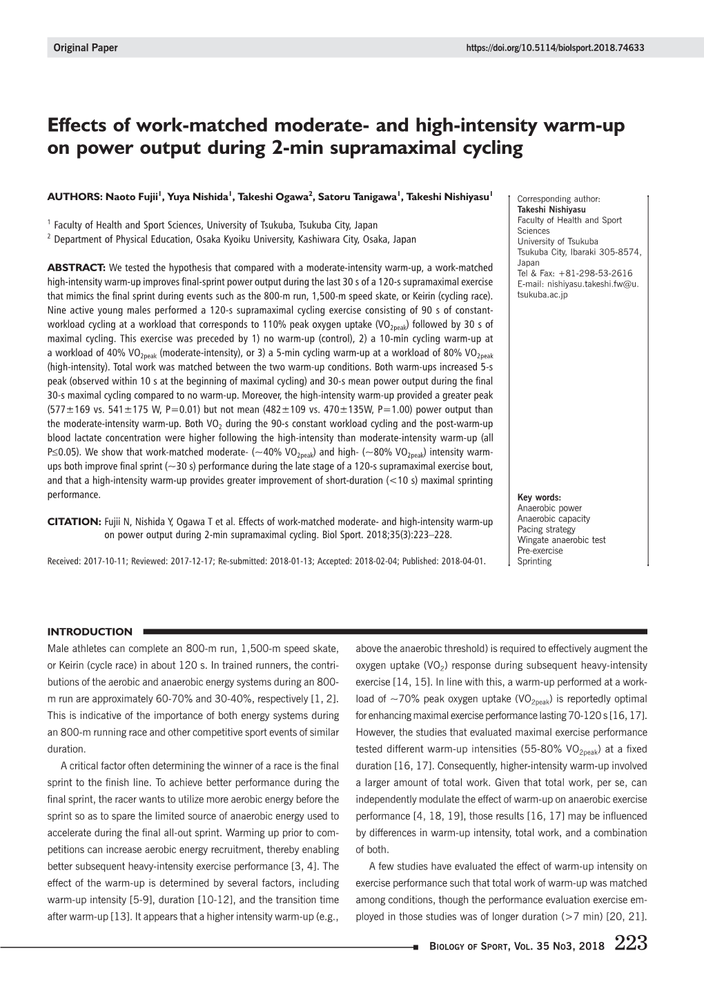 And High-Intensity Warm-Up on Power Output During 2-Min Supramaximal Cycling