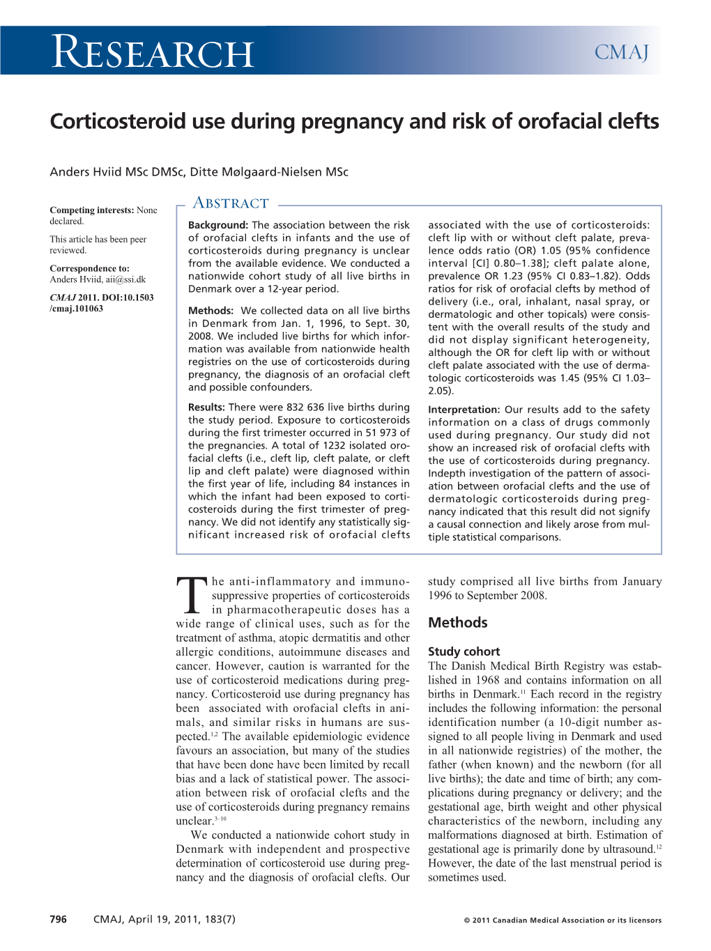 Corticosteroid Use During Pregnancy and Risk of Orofacial Clefts
