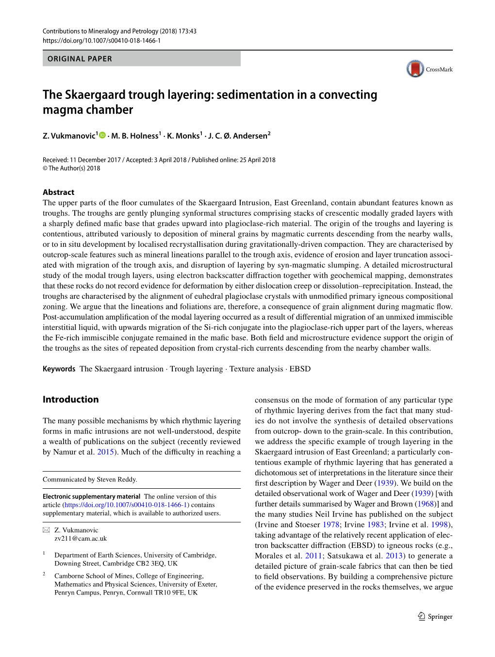 The Skaergaard Trough Layering: Sedimentation in a Convecting Magma Chamber