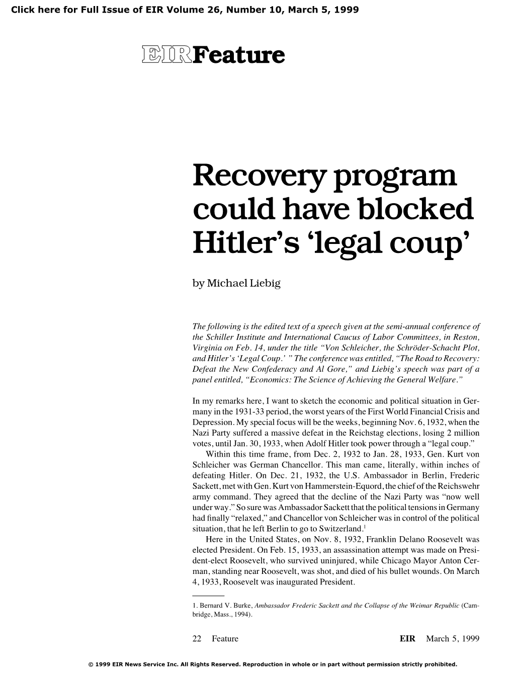 Recovery Program Could Have Blocked Hitler's