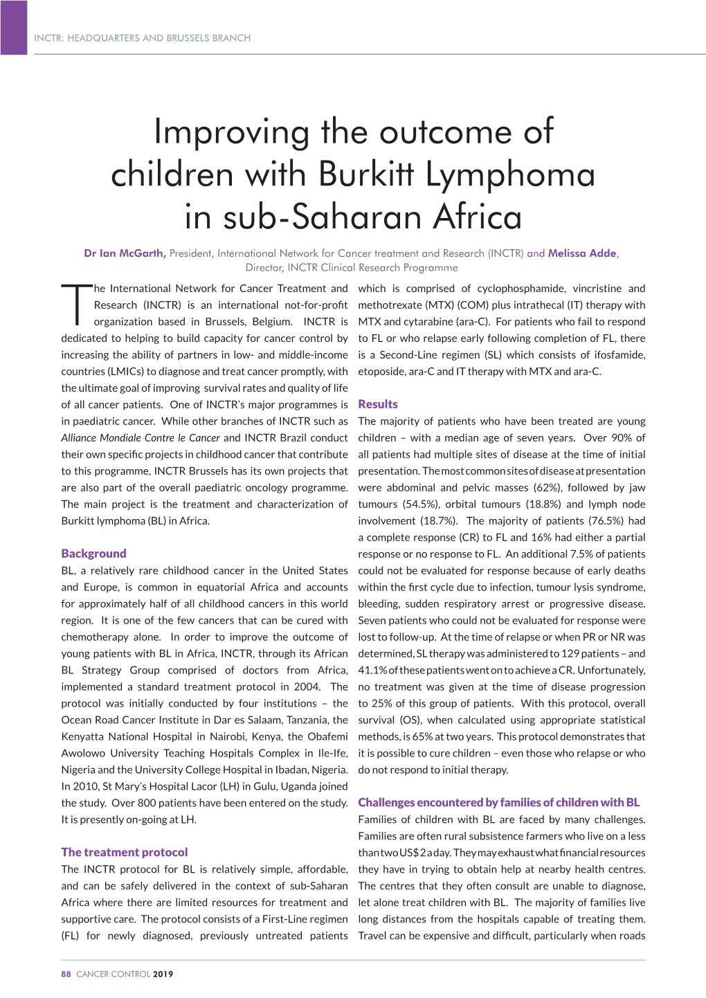 Improving the Outcome of Children with Burkitt Lymphoma in Sub-Saharan Africa