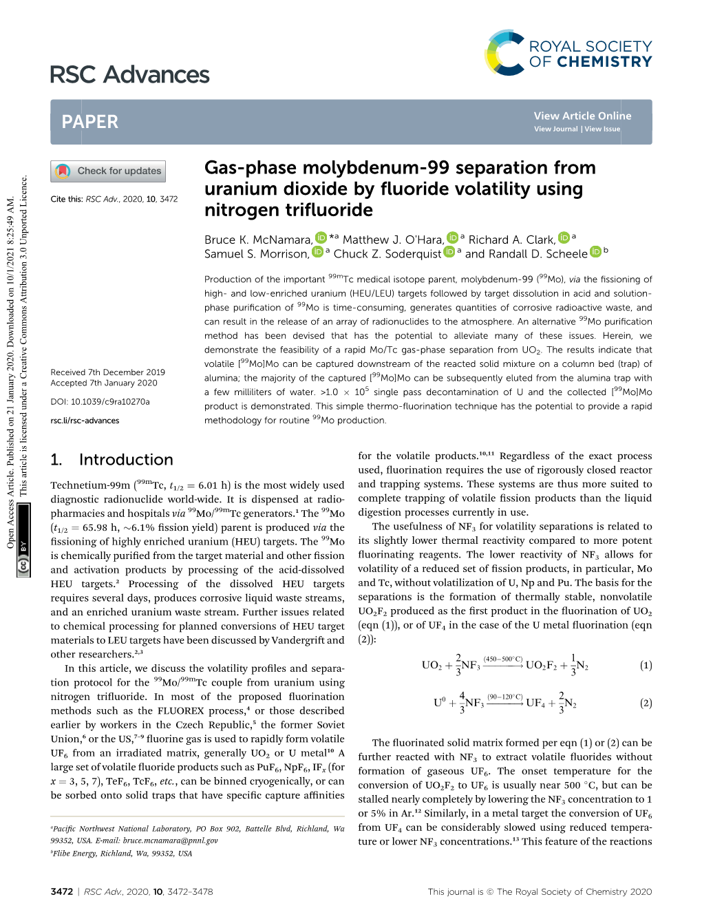 Gas-Phase Molybdenum-99 Separation from Uranium Dioxide by Fluoride Volatility Using Nitrogen Trifluoride