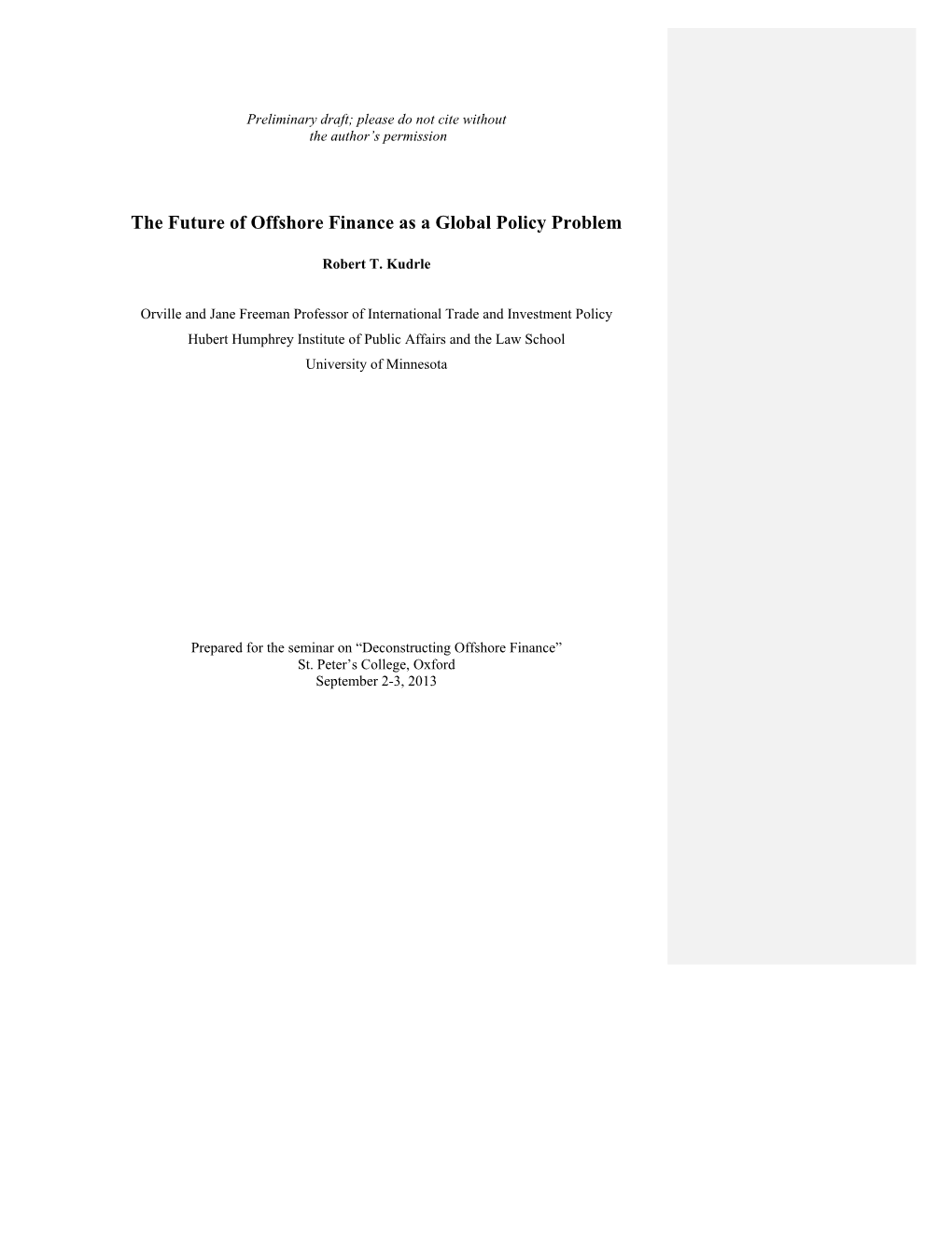 The Future of Offshore Finance As a Global Policy Problem