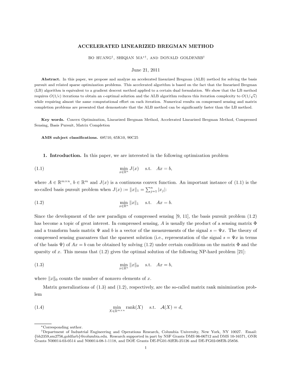 ACCELERATED LINEARIZED BREGMAN METHOD June 21