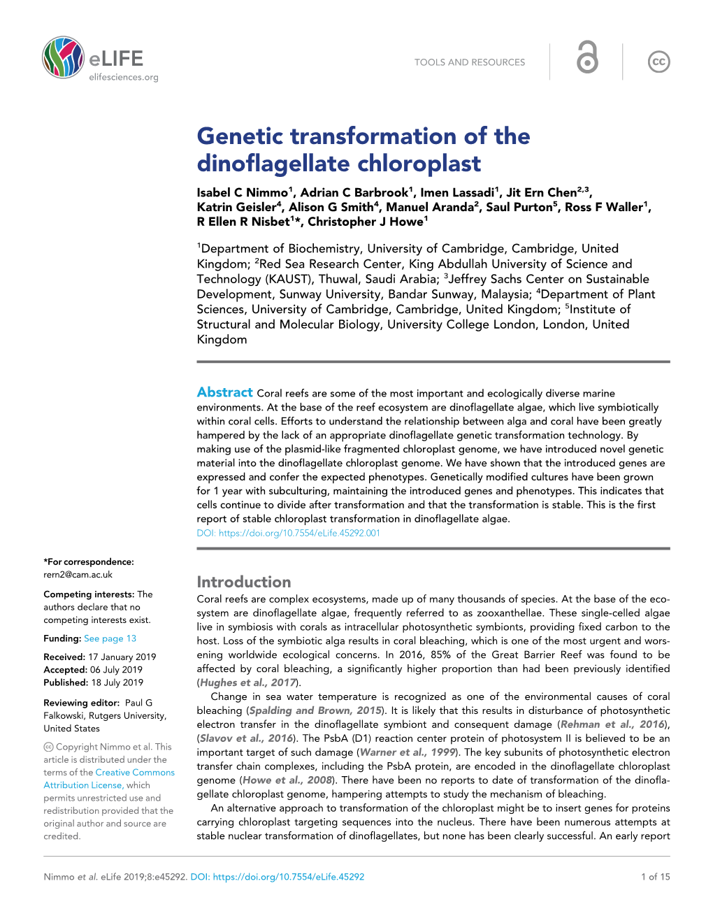 Genetic Transformation of the Dinoflagellate Chloroplast