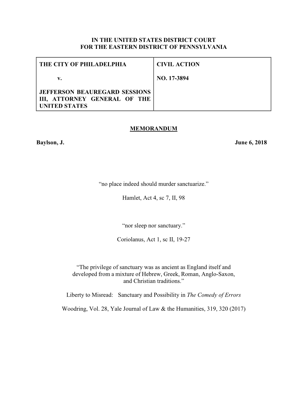 IN the UNITED STATES DISTRICT COURT for the EASTERN DISTRICT of PENNSYLVANIA the CITY of PHILADELPHIA V. JEFFERSON BEAUREGARD SE