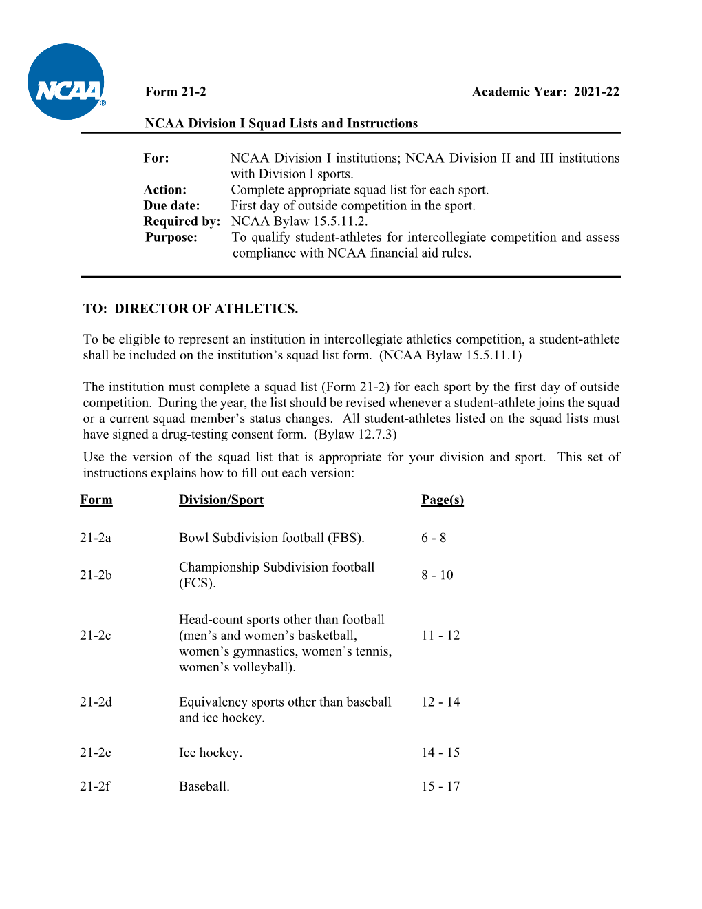 2021-22 NCAA Division I Squad Lists and Instructions