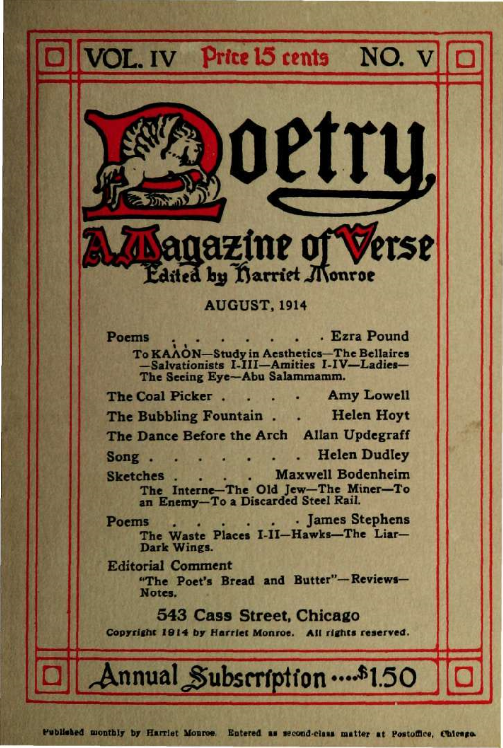 543 Cass Street, Chicago Copyright 1914 by Harriet Monroe