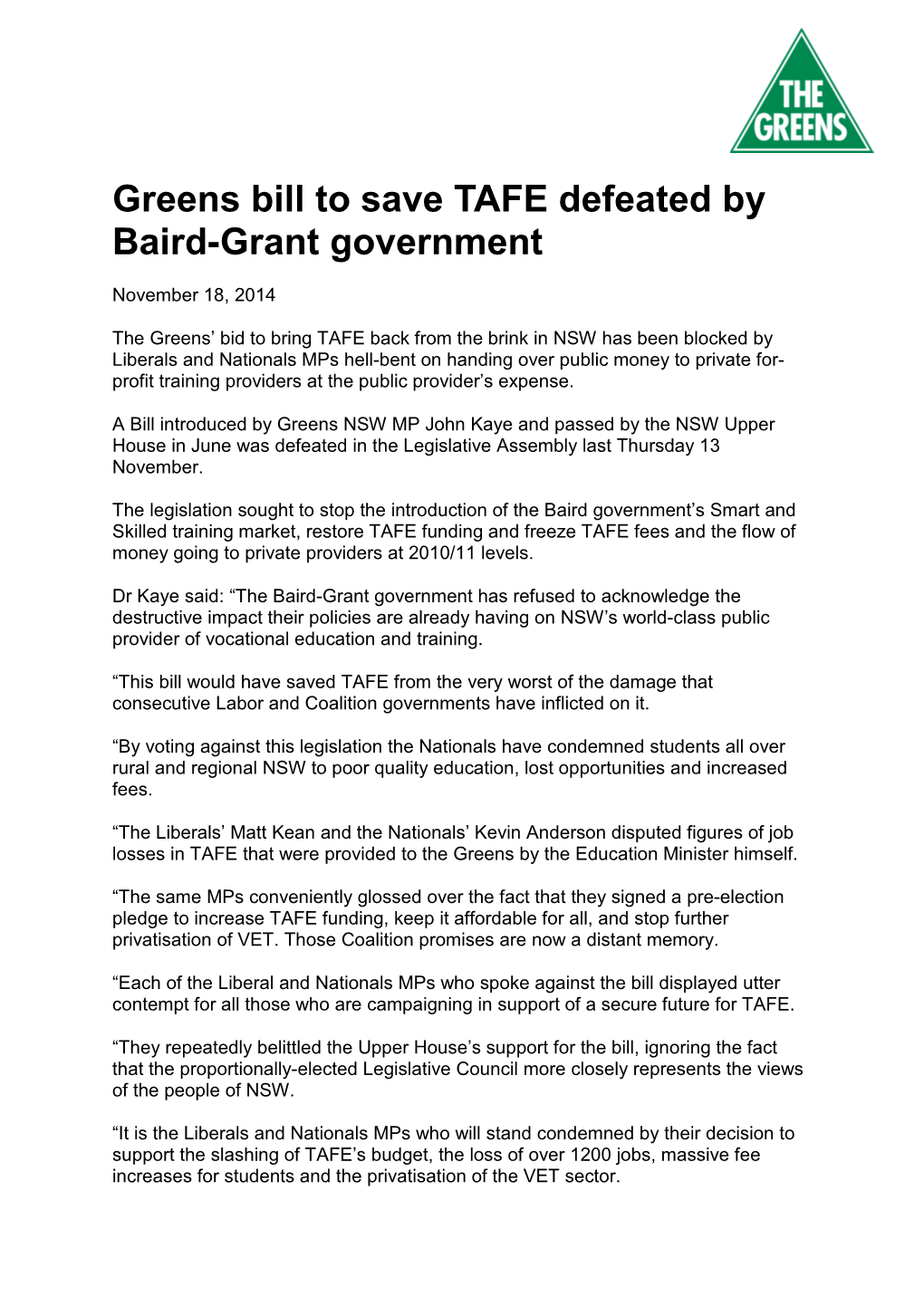 Greens Bill to Save TAFE Defeated by Baird-Grant Government