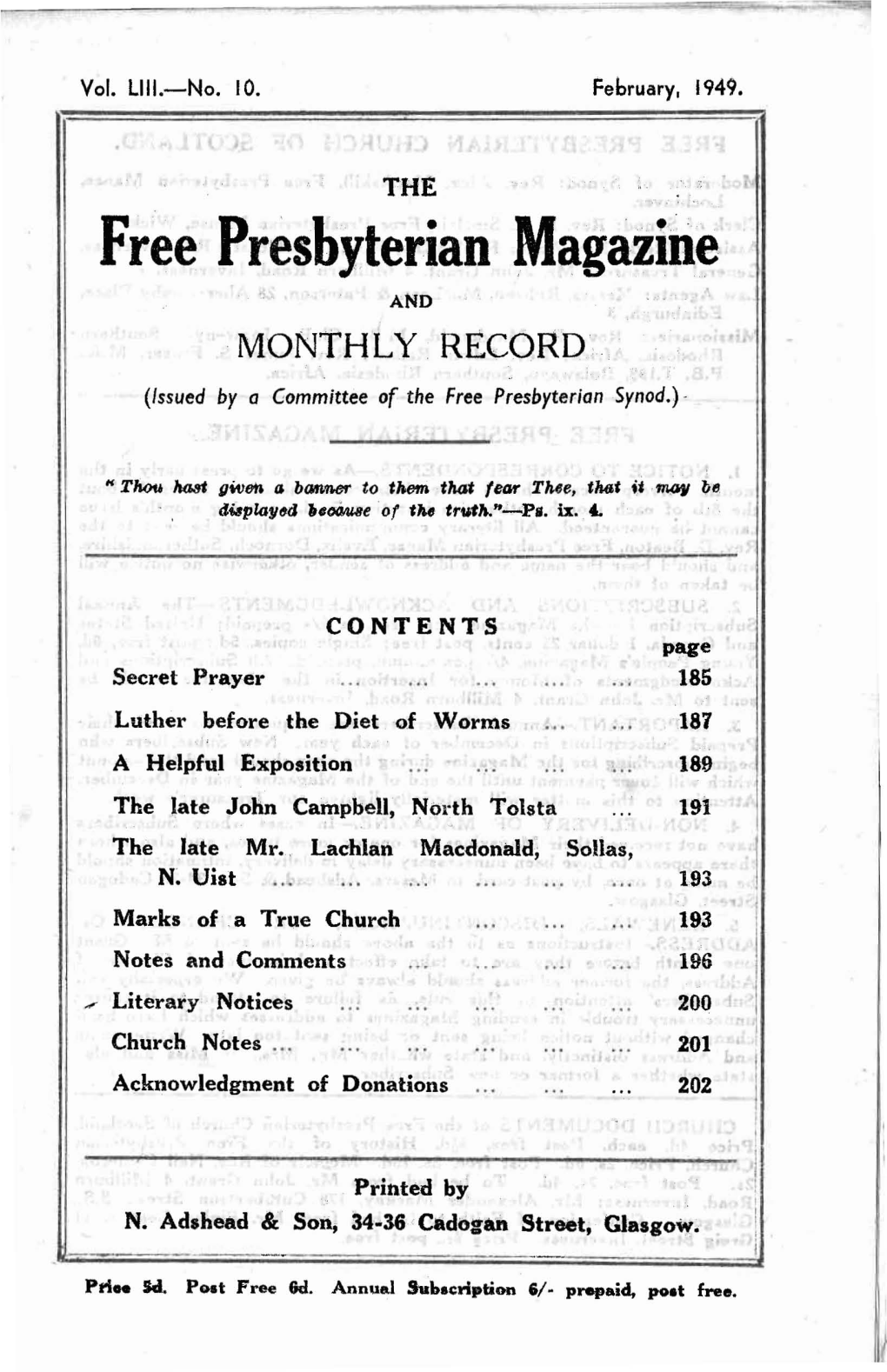 Free Presbyterian Magazine and Monthly RECORD (Issued by a Committee of the Free Presbyterian Synod.)