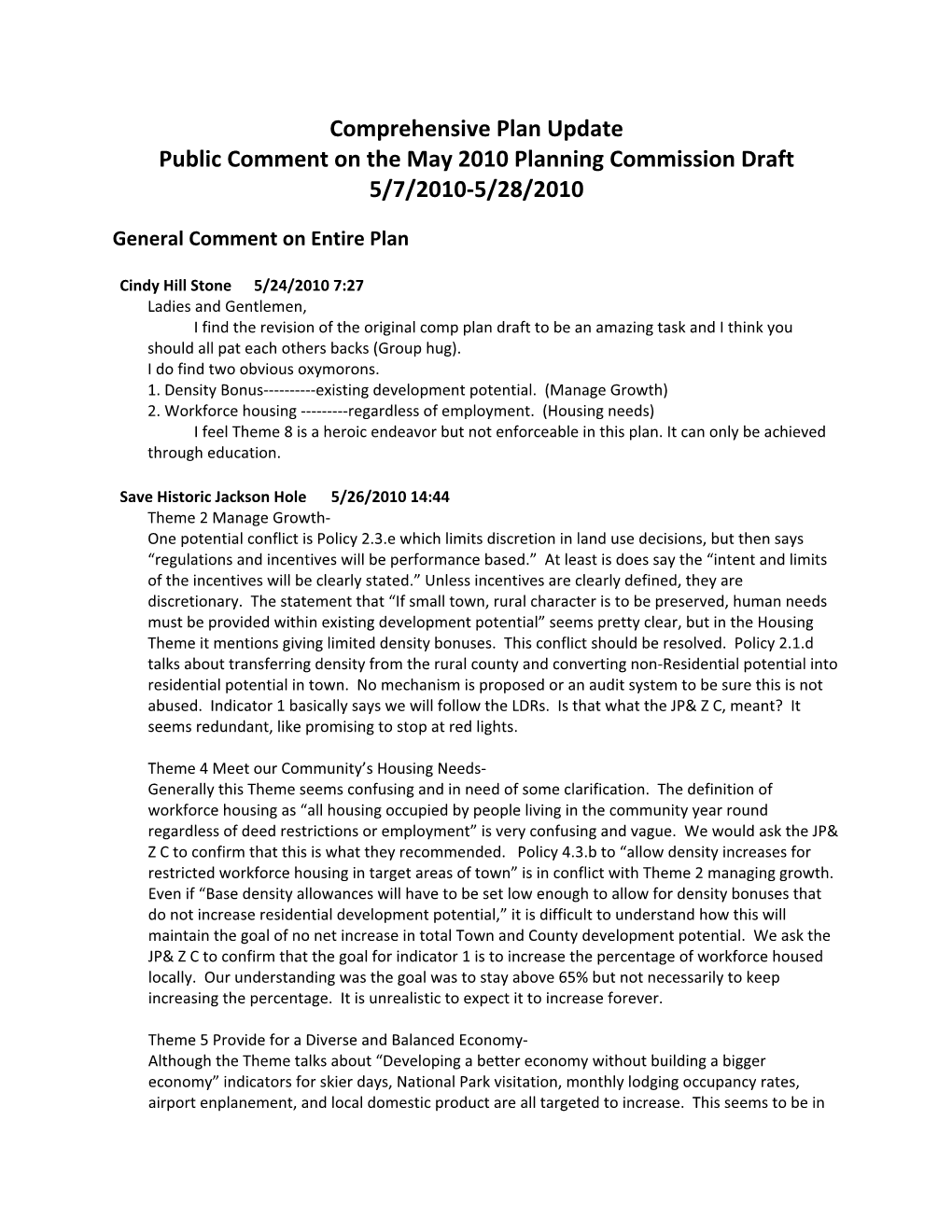 Comprehensive Plan Update Public Comment on the May 2010