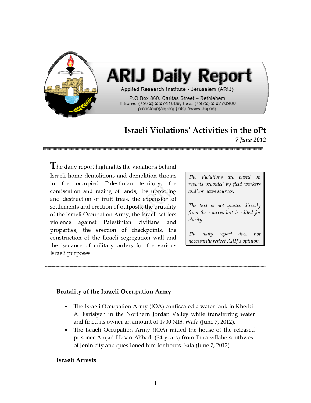 Israeli Violations' Activities in The