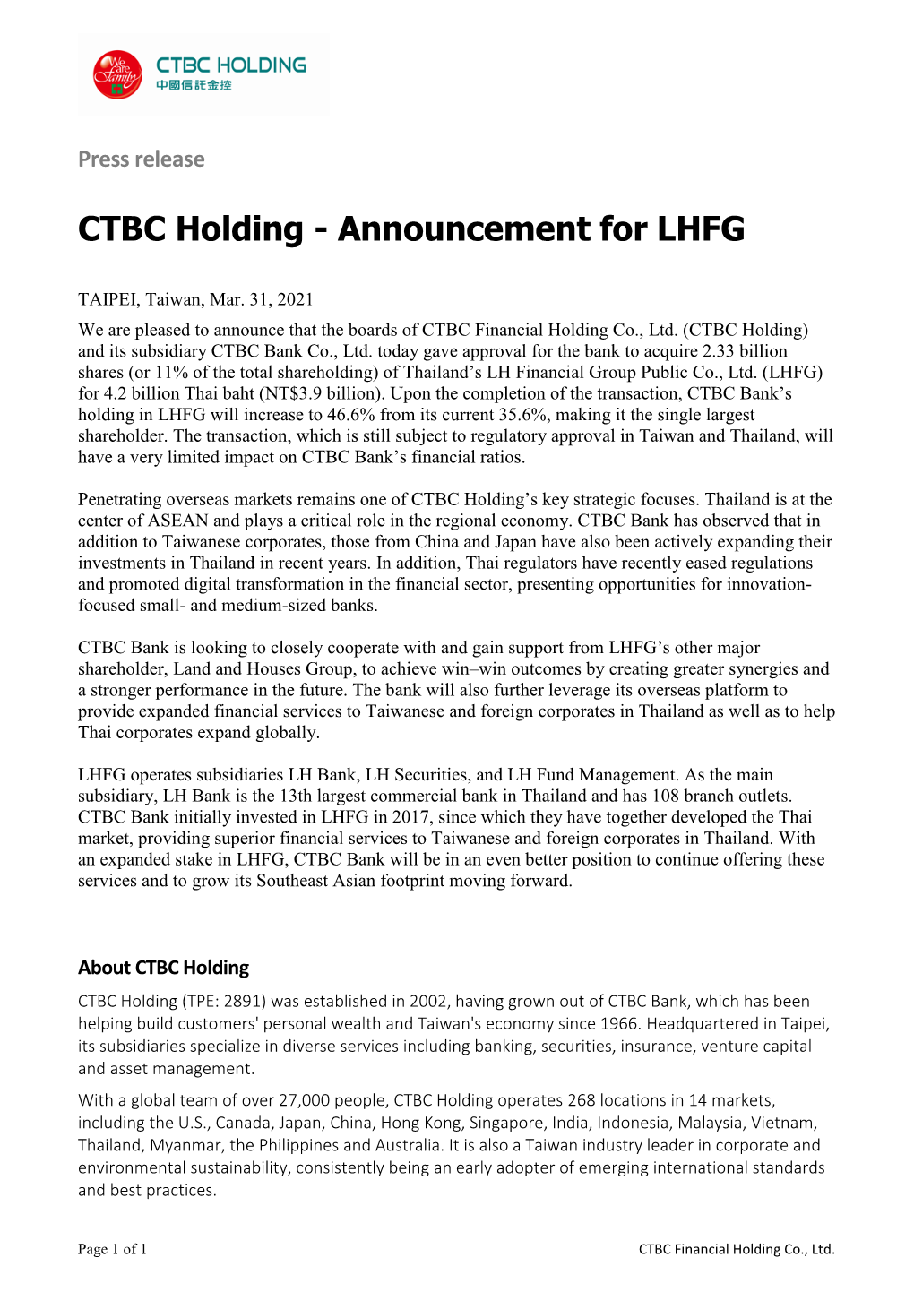 CTBC Holding - Announcement for LHFG