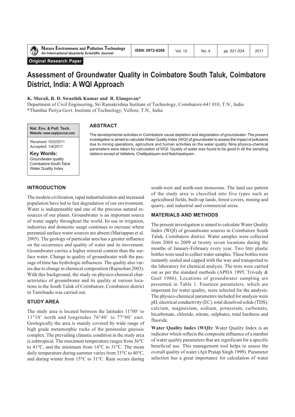 Assessment of Groundwater Quality in Coimbatore South Taluk, Coimbatore District, India: a WQI Approach