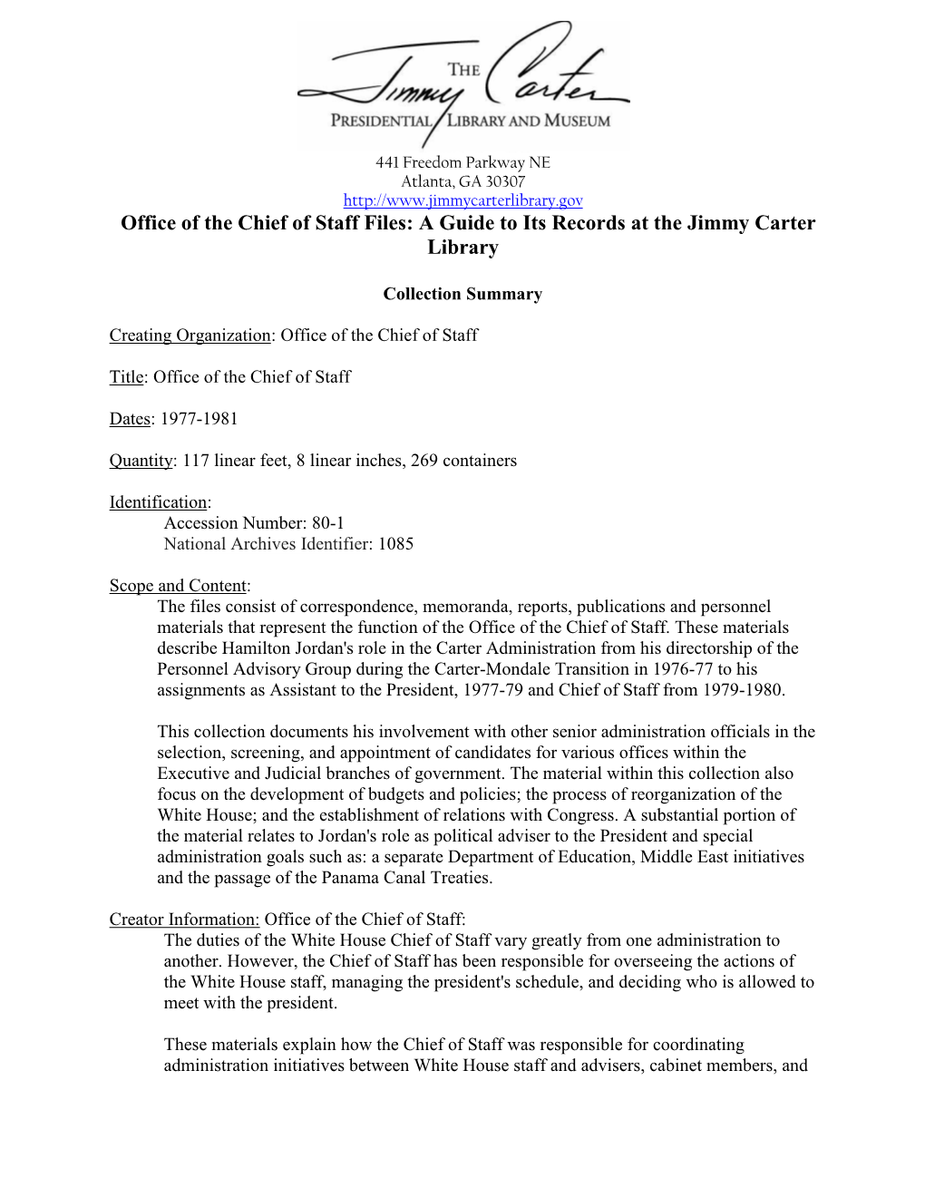 Office of the Chief of Staff Files: a Guide to Its Records at the Jimmy Carter Library