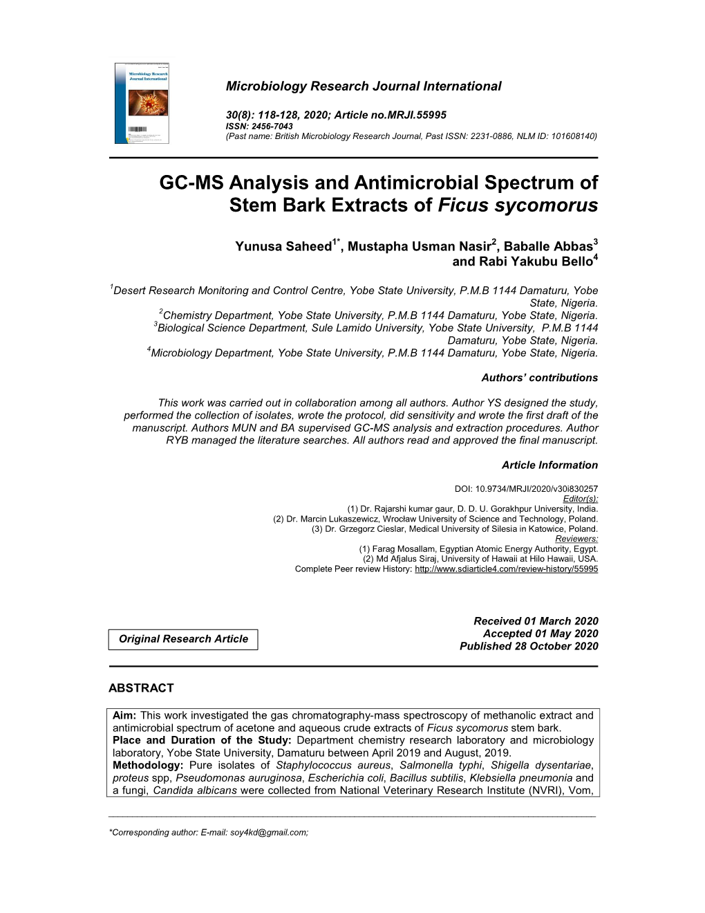 GC-MS Analysis and Antimicrobial Spectrum of Stem Bark Extracts of Ficus Sycomorus