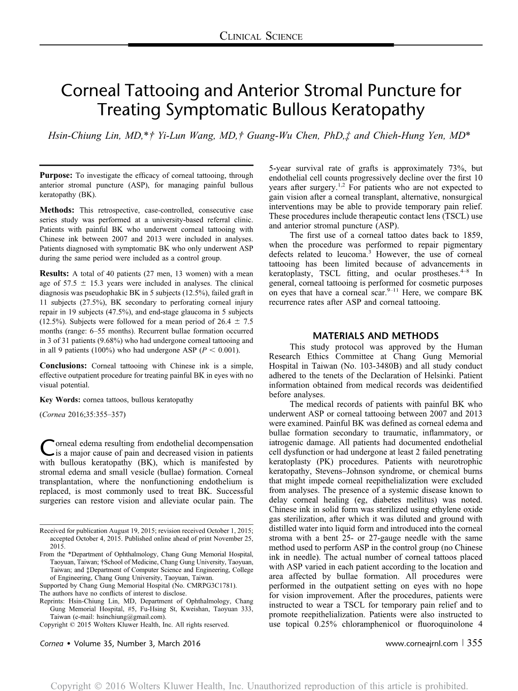 Corneal Tattooing and Anterior Stromal Puncture for Treating Symptomatic Bullous Keratopathy