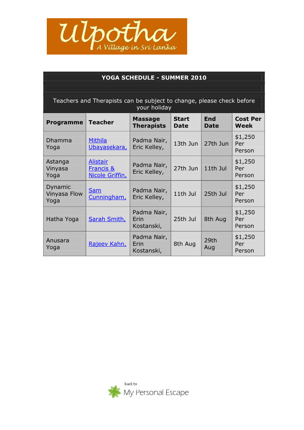 Yoga Schedule - Summer 2010