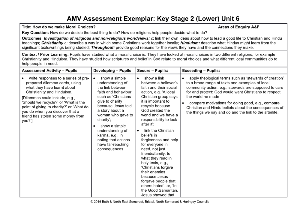AMV Assessment Exemplar: Key Stage 2 (Lower) Unit 6