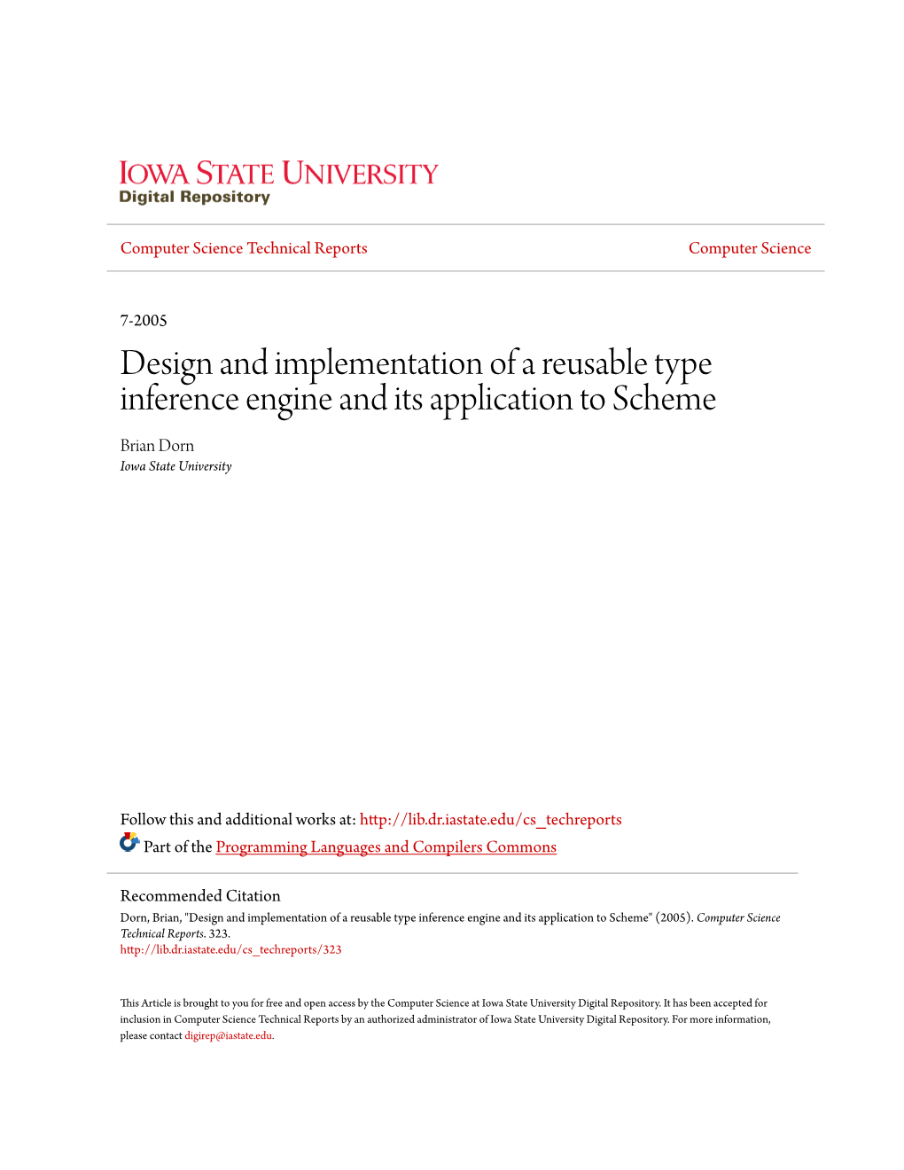 Design and Implementation of a Reusable Type Inference Engine and Its Application to Scheme Brian Dorn Iowa State University
