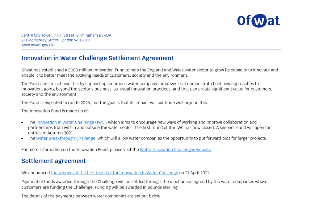 Innovation in Water Challenge Settlement Agreement Settlement