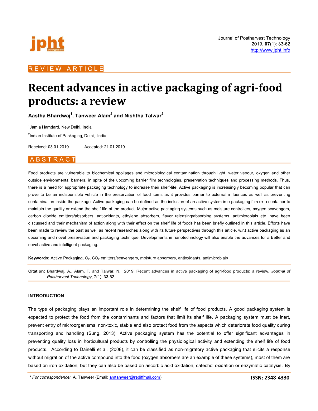 Recent Advances in Active Packaging of Agri-Food Products: a Review