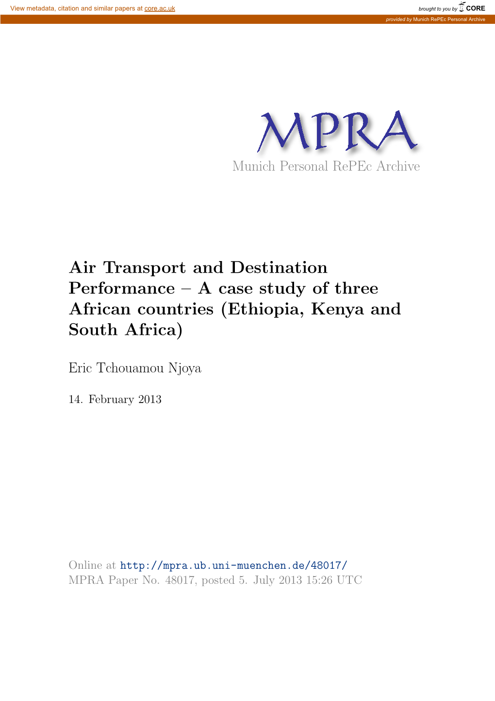 Air Transport and Destination Performance – a Case Study of Three African Countries (Ethiopia, Kenya and South Africa)