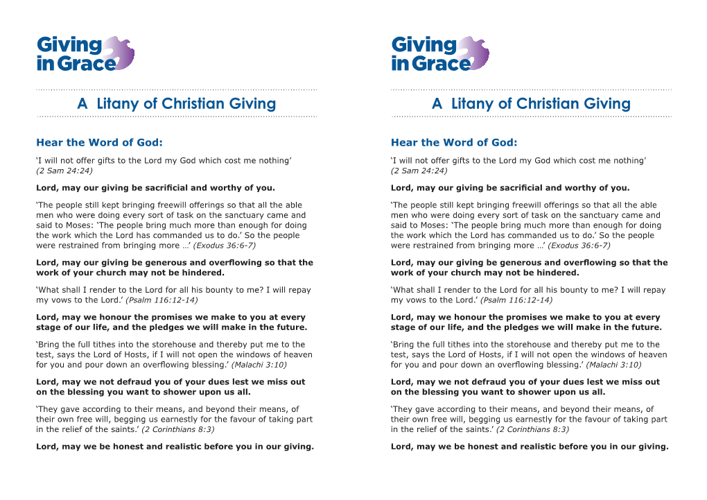 A Litany of Christian Giving a Litany of Christian Giving