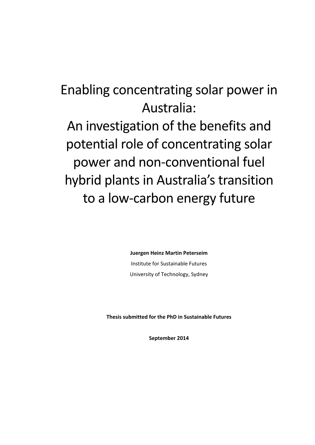 An Investigation of the Benefits and Potential Role of Concentrating Solar