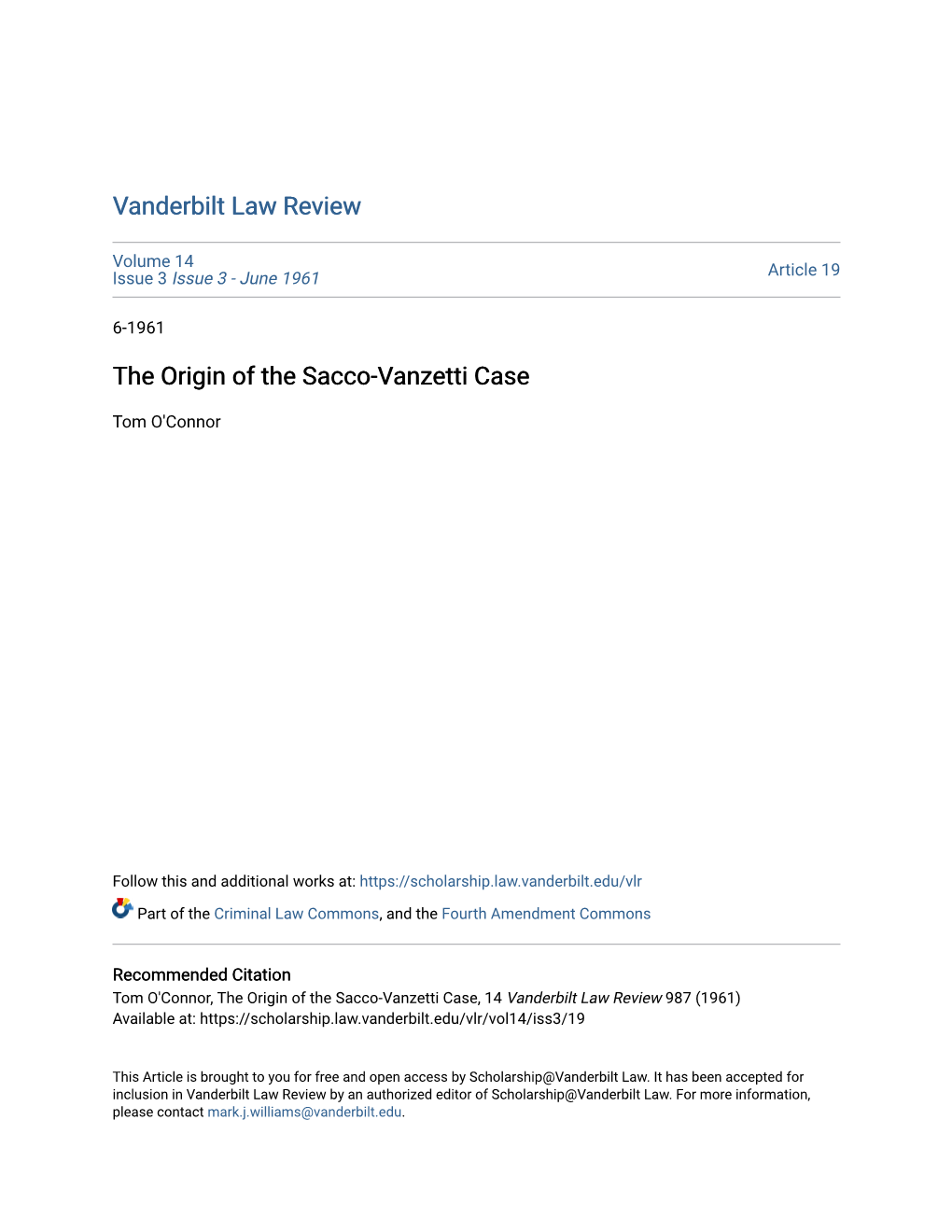 The Origin of the Sacco-Vanzetti Case