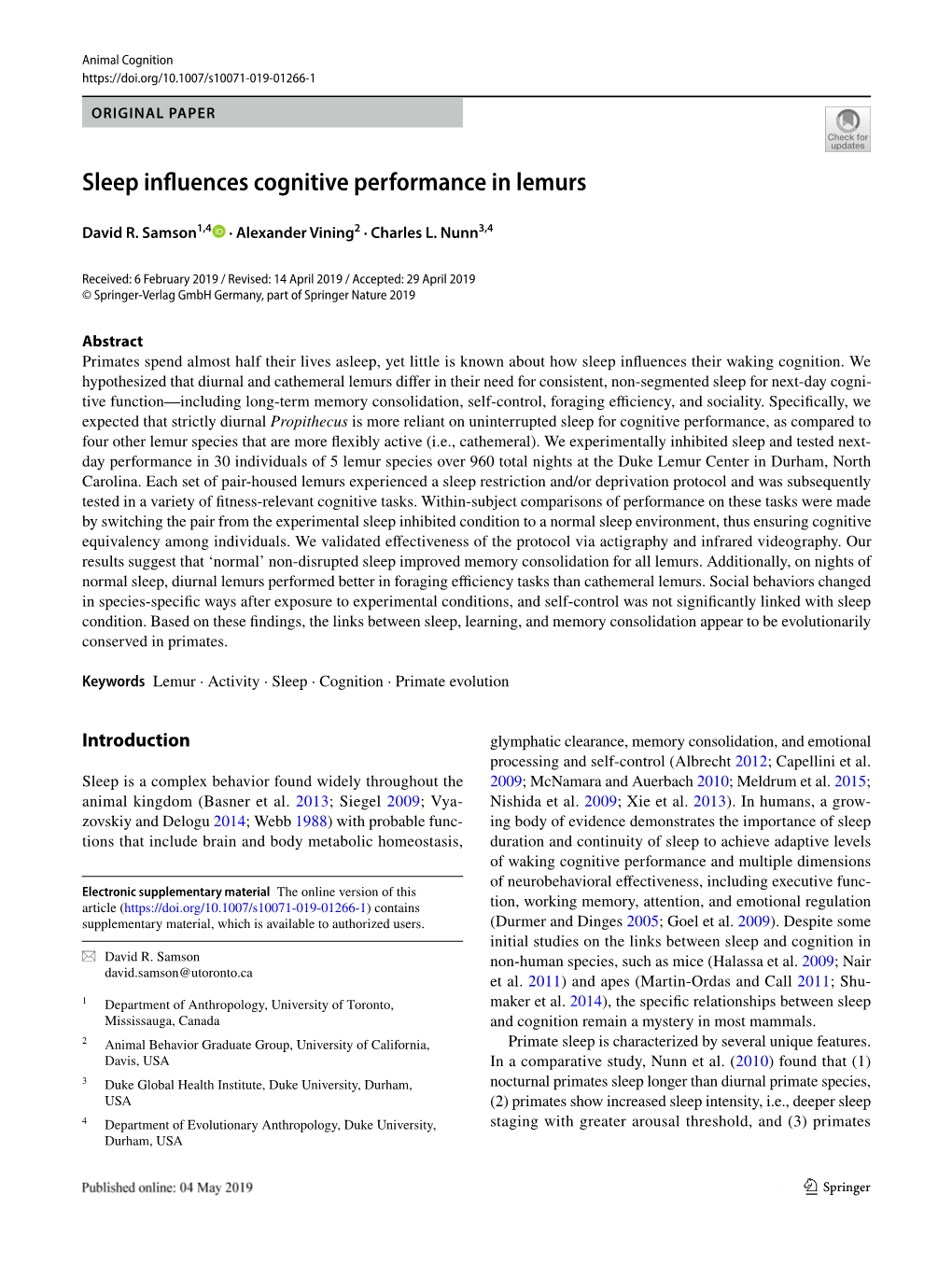 Sleep Influences Cognitive Performance in Lemurs