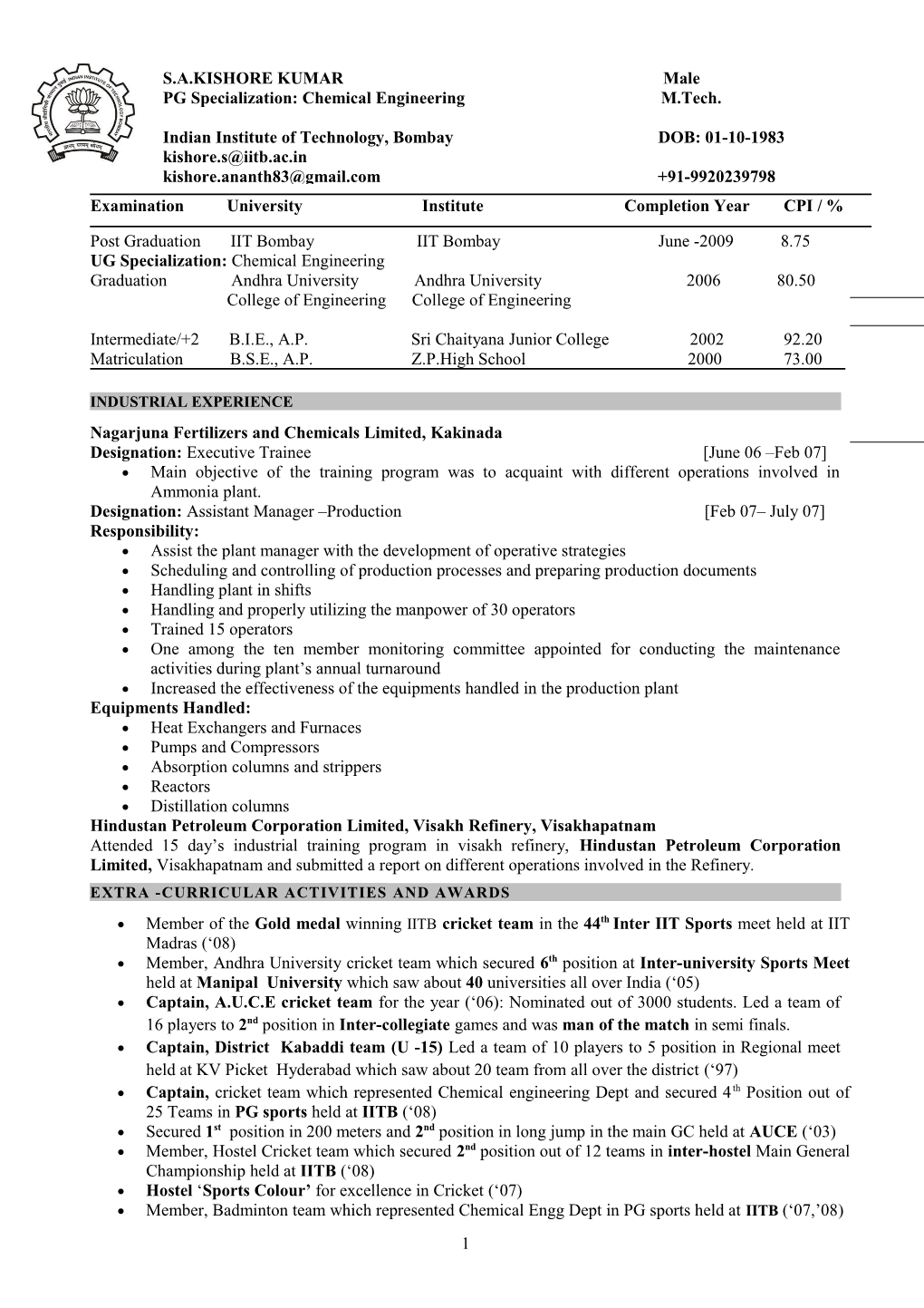 PG Specialization: Chemical Engineering M.Tech