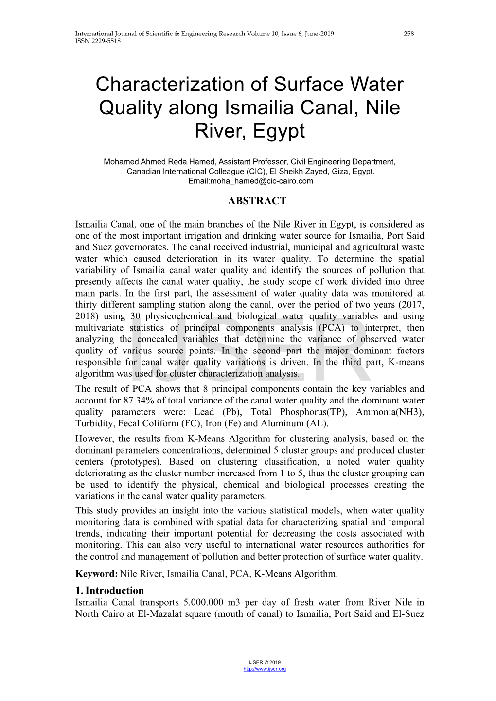 Characterization of Surface Water Quality Along Ismailia Canal, Nile River, Egypt