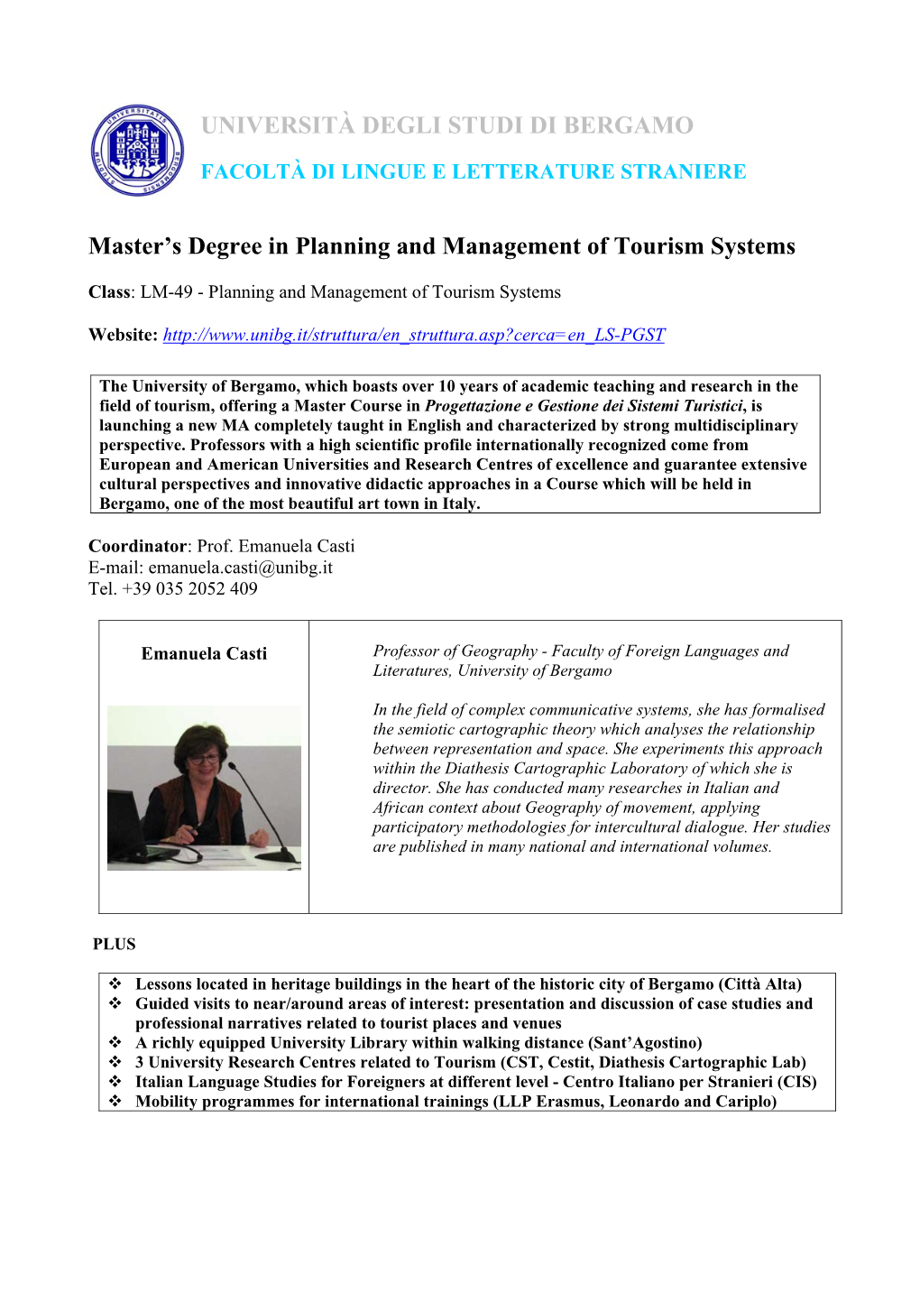 Master's Degree in Planning and Management of Tourism Systems