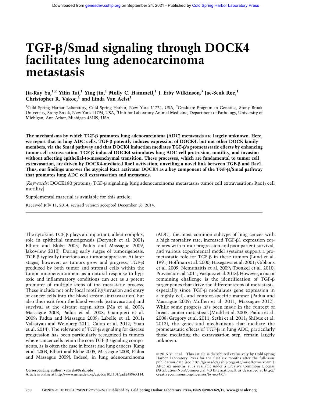 TGF-B/Smad Signaling Through DOCK4 Facilitates Lung Adenocarcinoma Metastasis