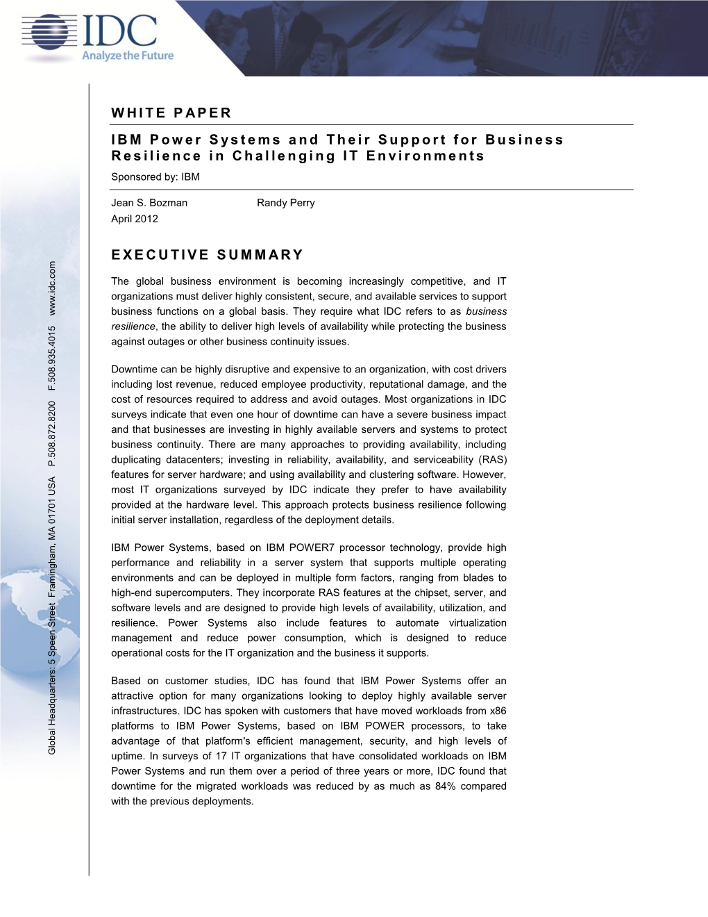 WHITE PAPER IBM Power Systems and Their Support for Business