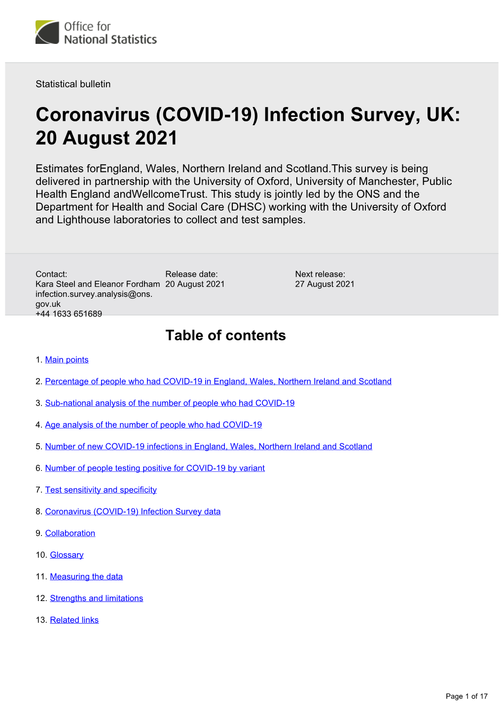 Coronavirus (COVID-19) Infection Survey, UK: 20 August 2021