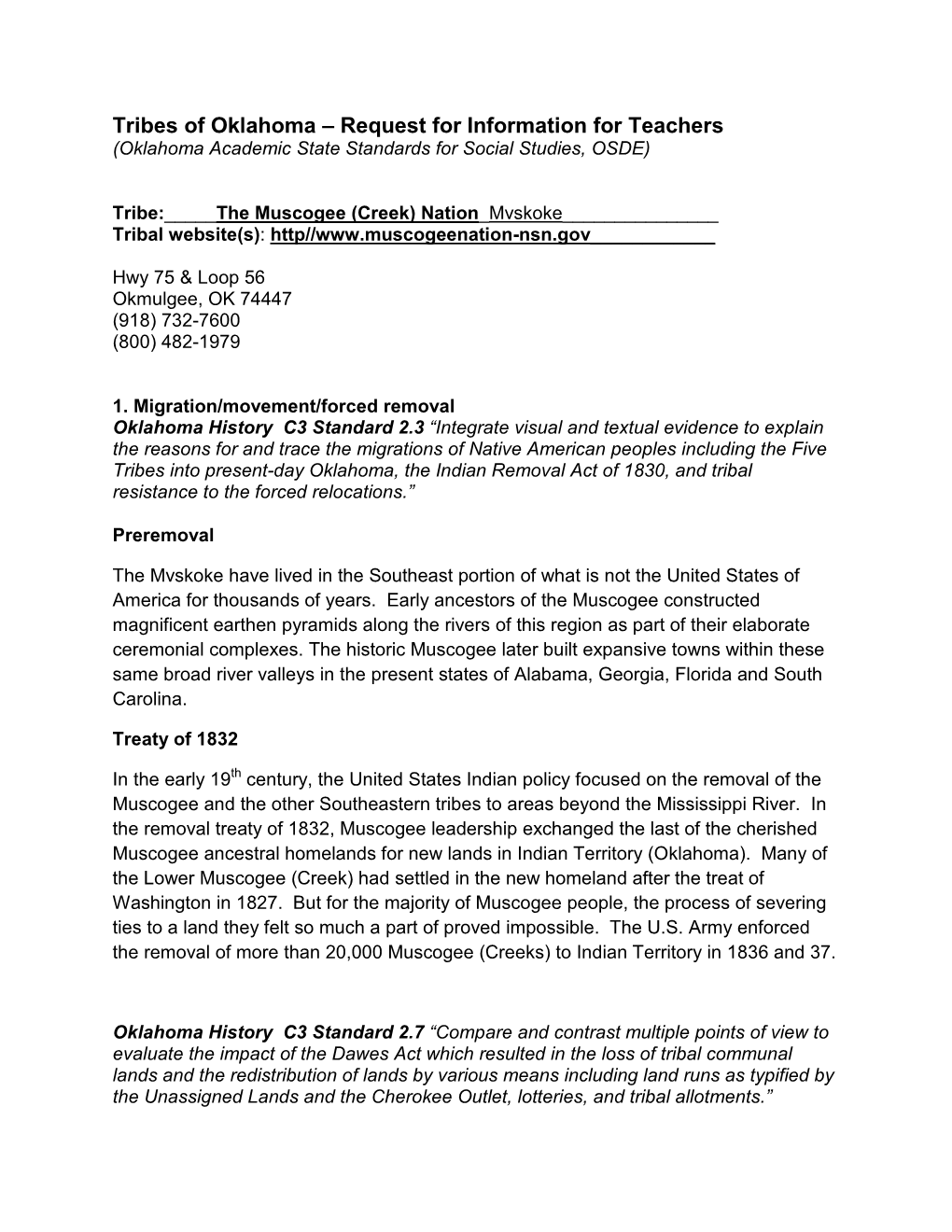 Tribes of Oklahoma – Request for Information for Teachers (Oklahoma Academic State Standards for Social Studies, OSDE)