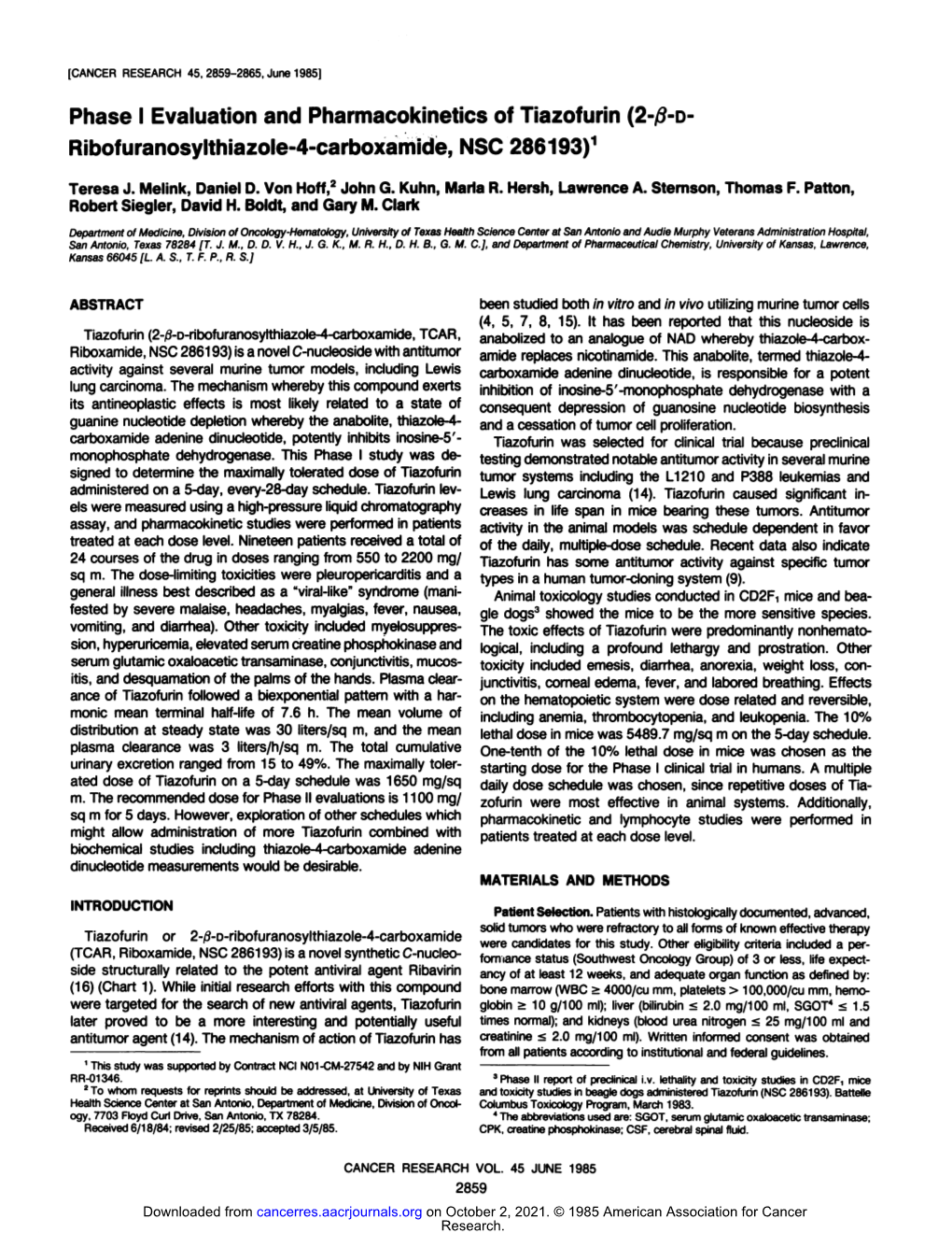 Phase I Evaluation and Pharmacokinetics of Tiazofurin (2-ÃŸ-O- Ribofuranosylthiazole-4-Carboxamide, NSC 286193)1