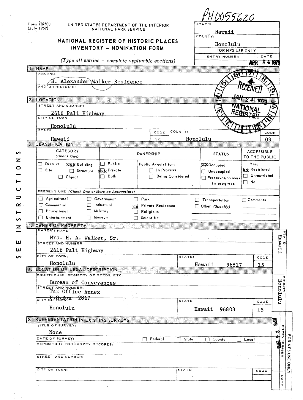 GISTER of HISTORIC PLACES Honolulu INVENTORY - NOMINATION FORM for NPS USE ONLY