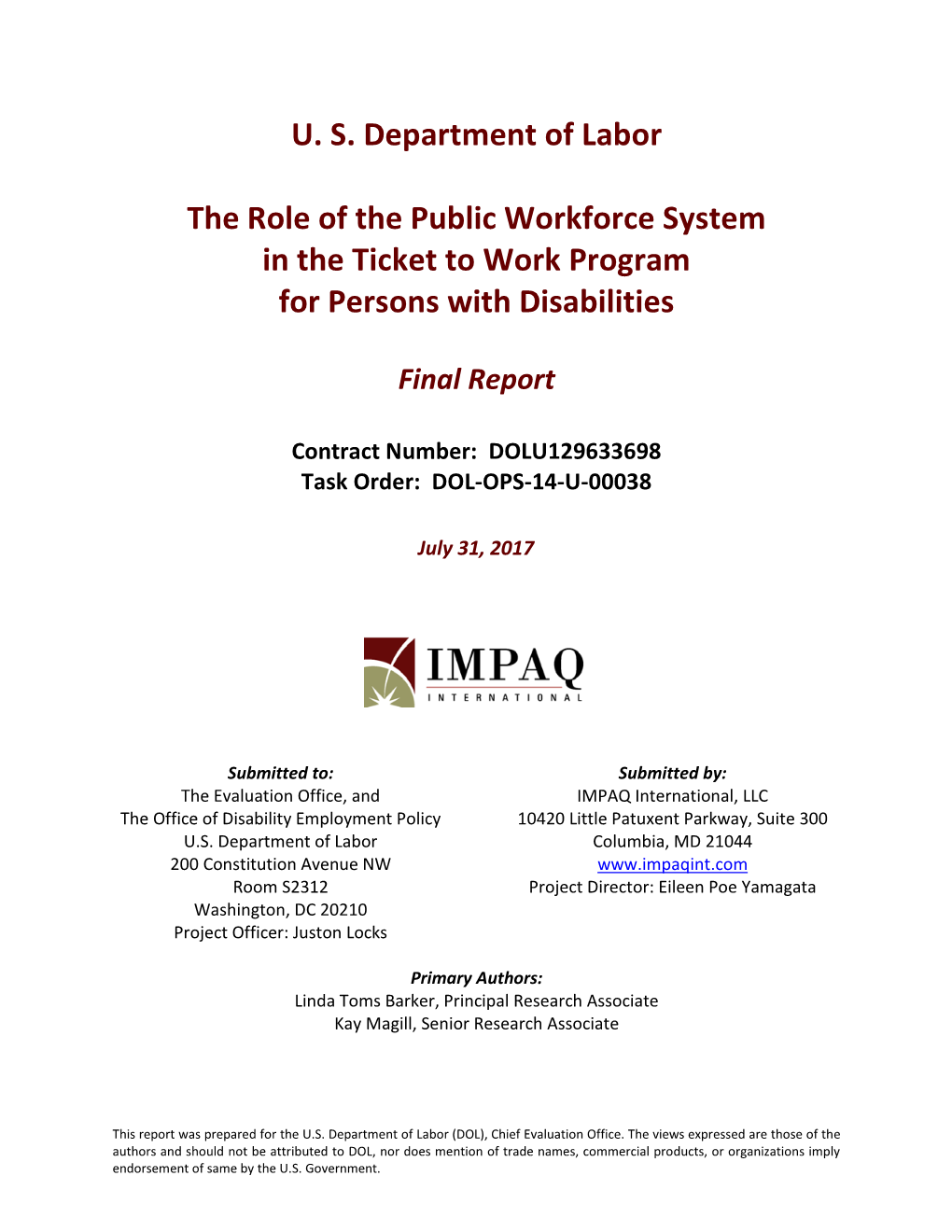 The Role of the Public Workforce System in the Ticket to Work Program for Persons with Disabilities