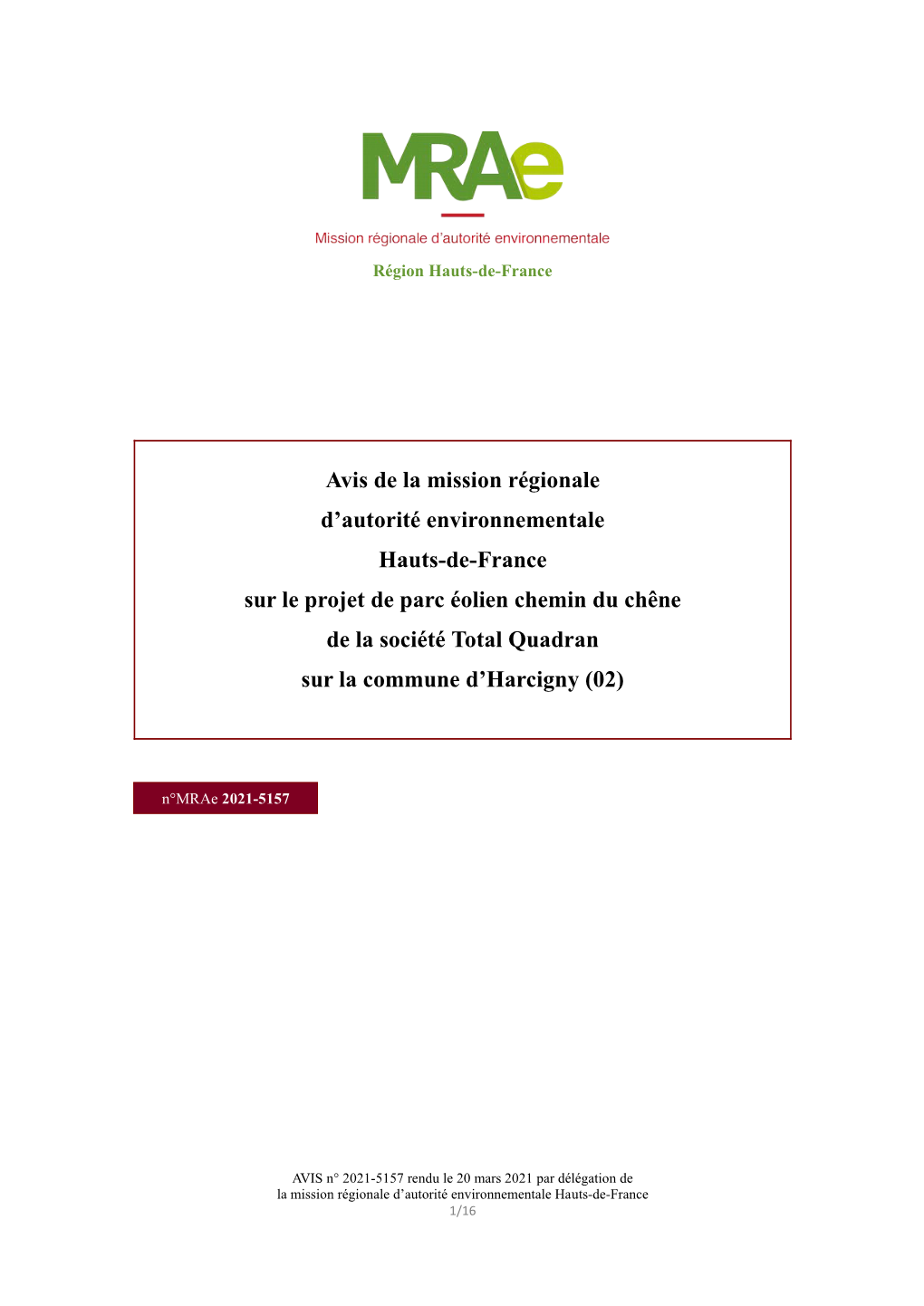 Avis De La Mission Régionale D'autorité Environnementale Hauts-De-France