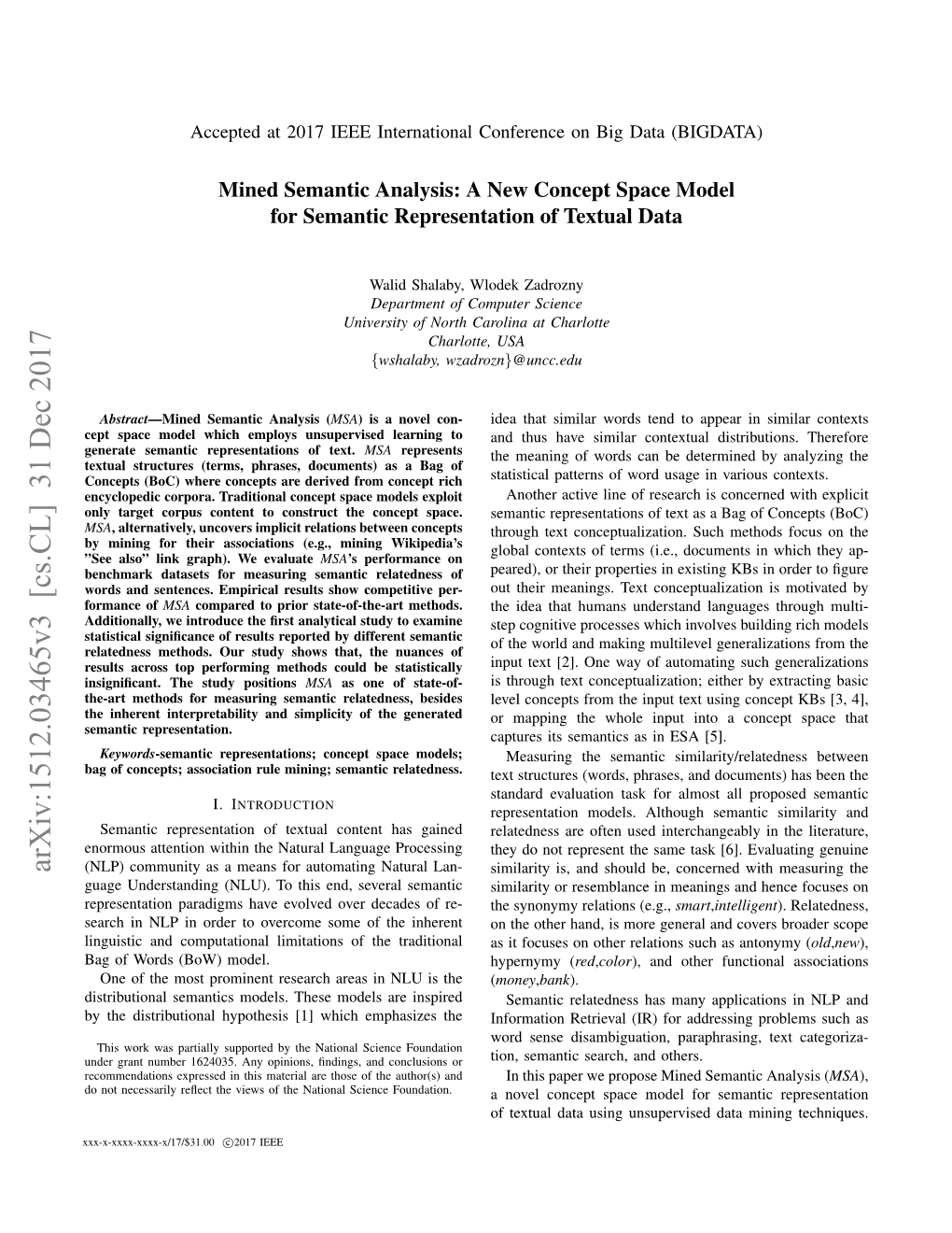 Mined Semantic Analysis: a New Concept Space Model for Semantic Representation of Textual Data