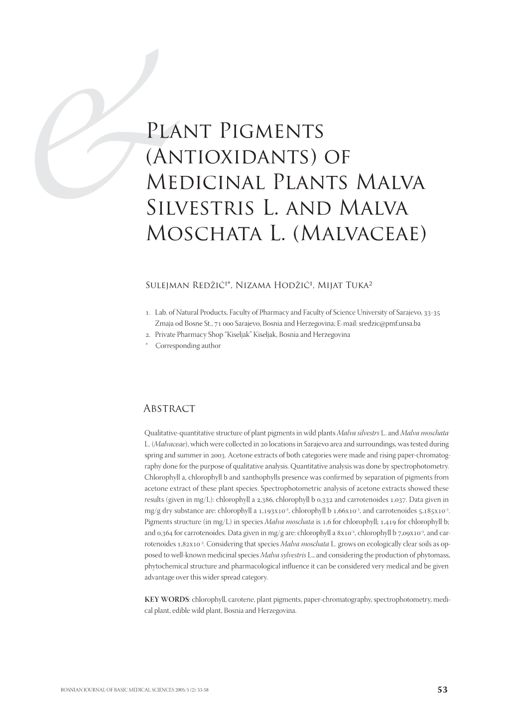 &Plant Pigments (Antioxidants) of Medicinal Plants Malva Silvestris L