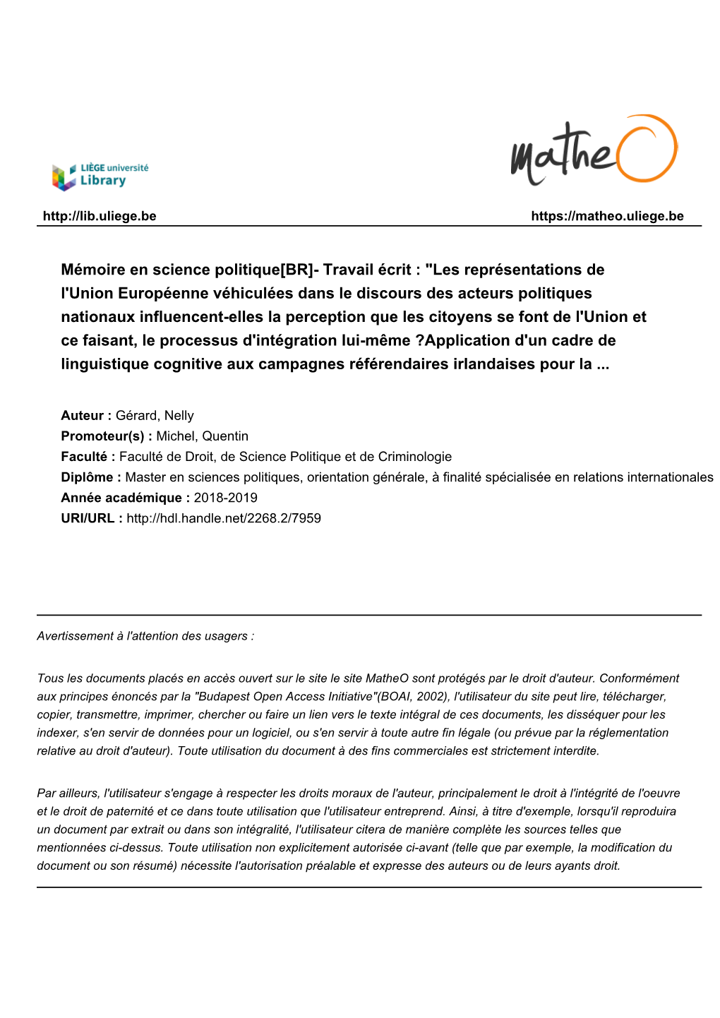 Mémoire En Science Politique[BR]- Travail Écrit : "Les Représentations