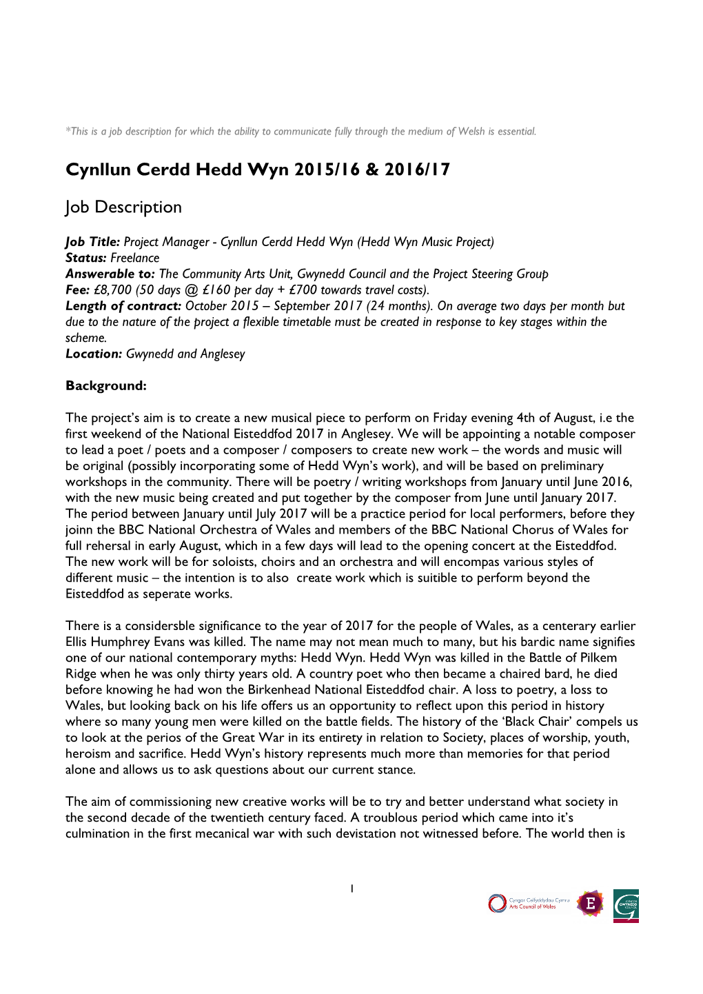 Cynllun Cerdd Hedd Wyn 2015/16 & 2016/17 Job