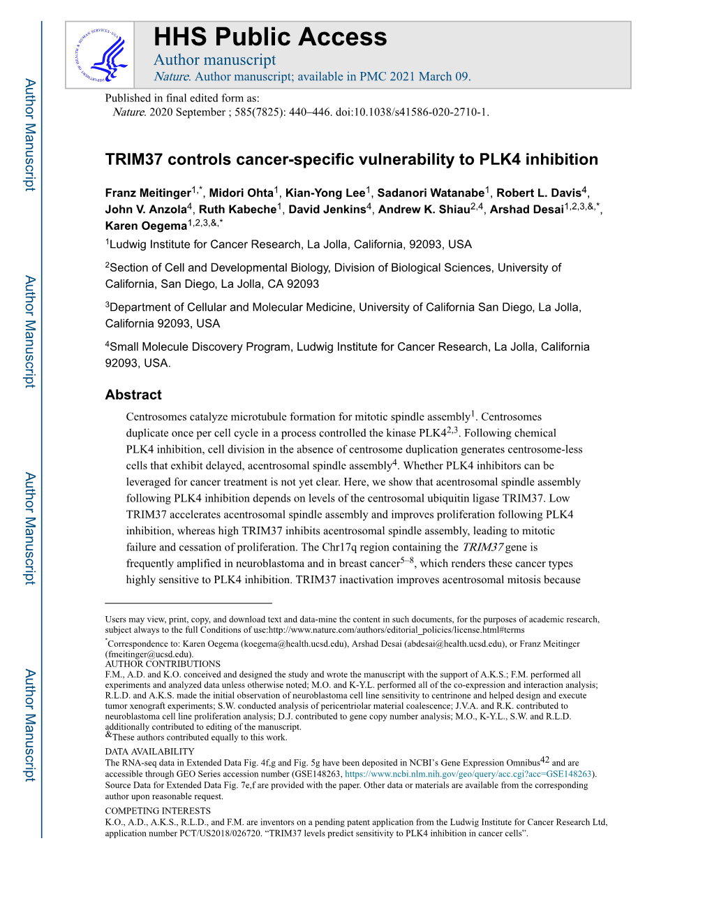 TRIM37 Controls Cancer-Specific Vulnerability to PLK4 Inhibition